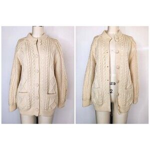 Chunky Cable Hand Knitted WOOL Sweater Cardigan w/Pockets Fisherman Ireland XS S